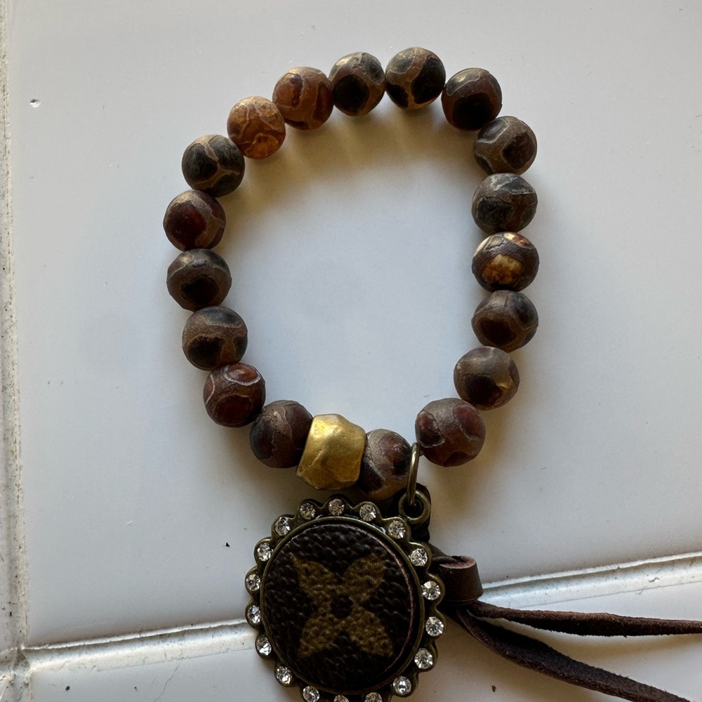 Upcycled Brown Beaded Bracelet with Gold Accent